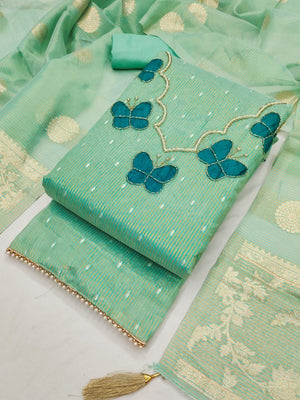 Premium Sea Green Striped Weaving Silk Blend Dress Material Enhanced with Beads & Moti Hand Work - Image 1