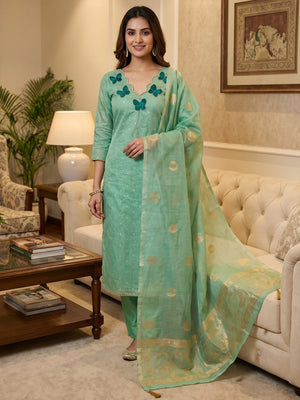 Premium Sea Green Striped Weaving Silk Blend Dress Material Enhanced with Beads & Moti Hand Work - Image 1