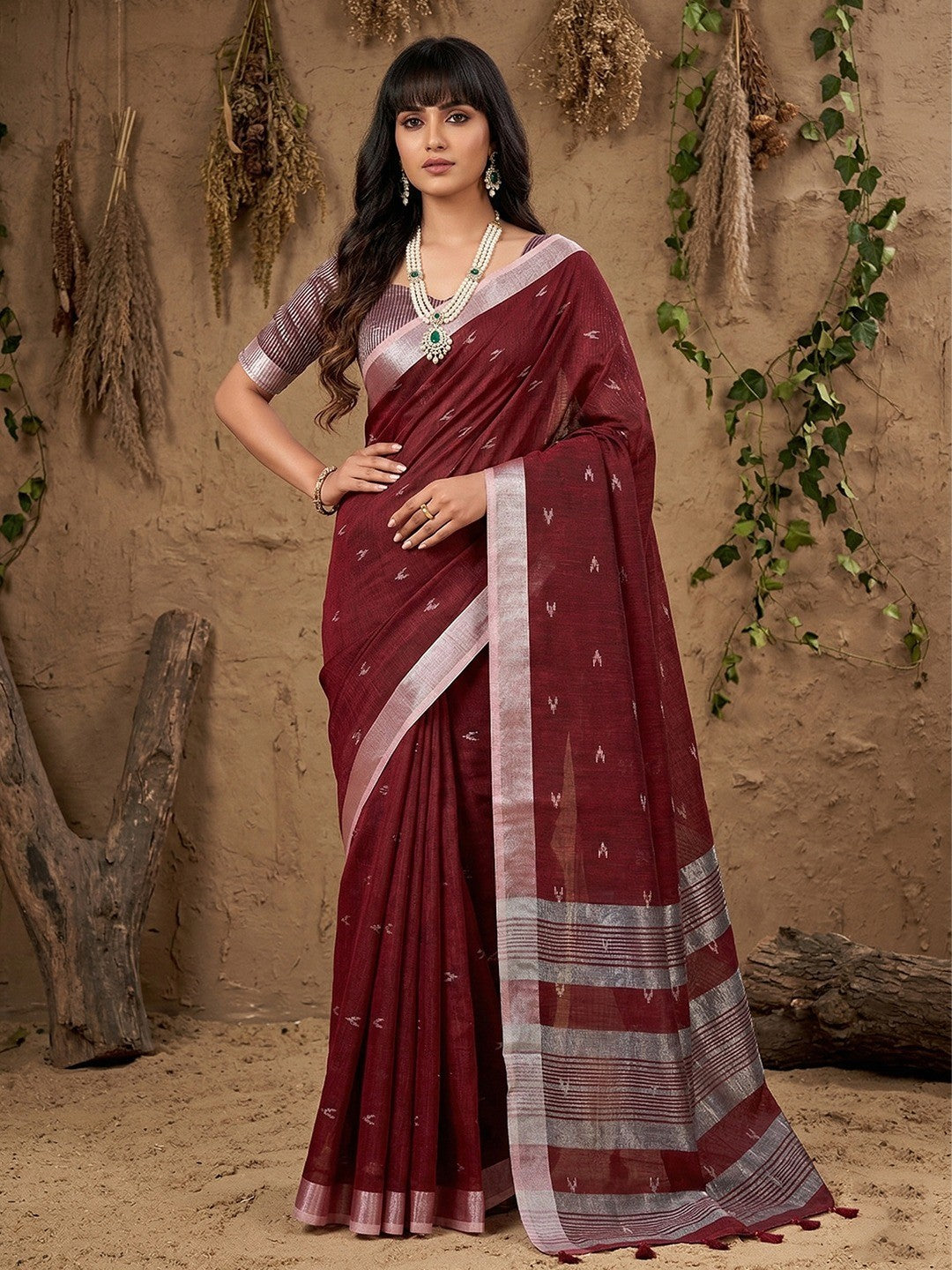 Maroon Linen Saree with Silver Border Lightweight Festive Ethnic Wear - Image 1