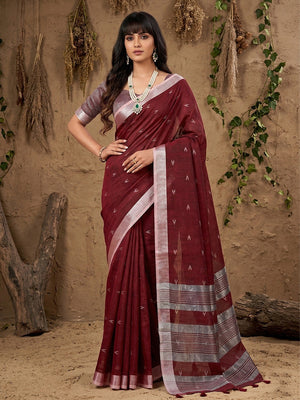 Maroon Linen Saree with Silver Border Lightweight Festive Ethnic Wear - Image 1