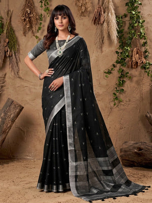 Elegant Black Linen Saree with Silver Border Lightweight Festive Ethnic Wear - Image 1
