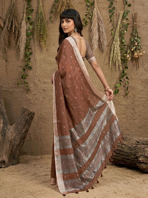 Elegant Brown Linen Saree with Silver Border Lightweight Festive Ethnic Wear - Image 2