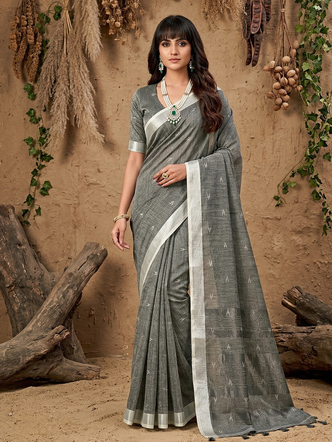 Grey Linen Saree with Silver Border Lightweight Festive Ethnic Wear - Image 1
