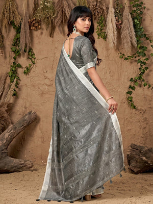 Grey Linen Saree with Silver Border Lightweight Festive Ethnic Wear - Image 2