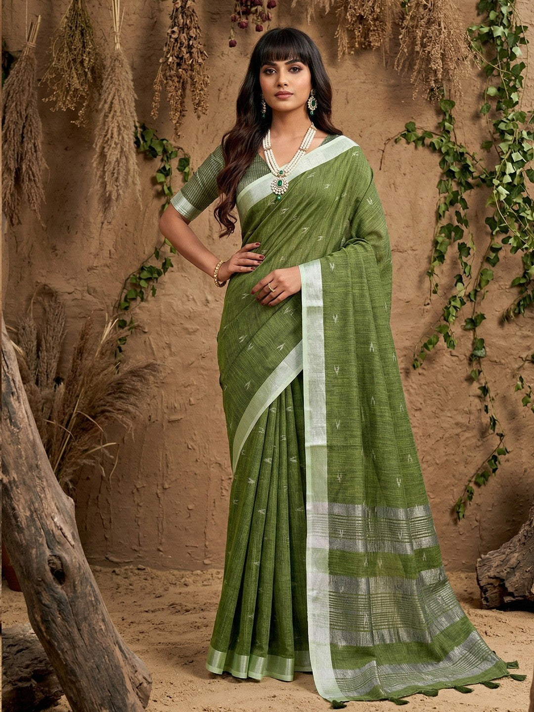 Elegant Green Linen Saree with Silver Border Lightweight Festive Ethnic Wear - Image 1