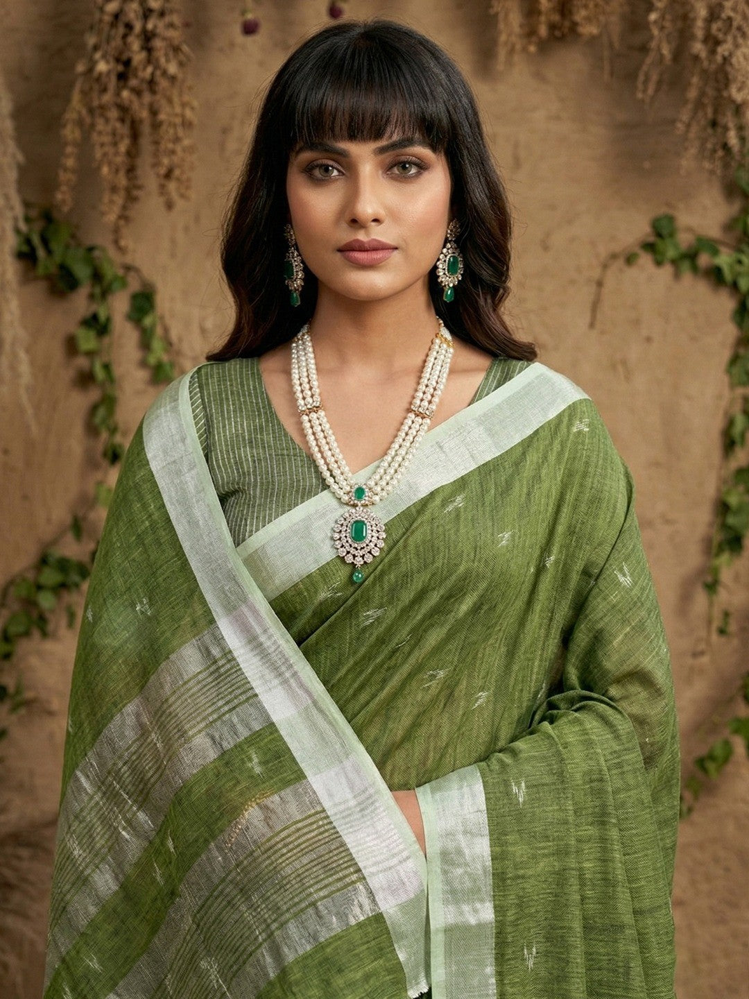 Elegant Green Linen Saree with Silver Border Lightweight Festive Ethnic Wear - Image 2