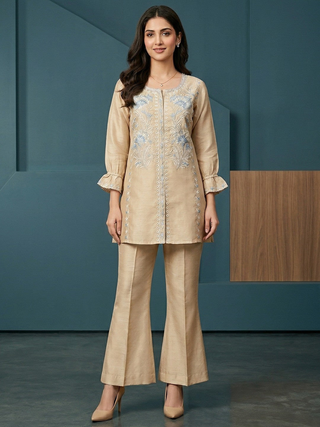 Beige Crepe Straight Fit Top Bottom Set with Elegant Embroidery - Image 1