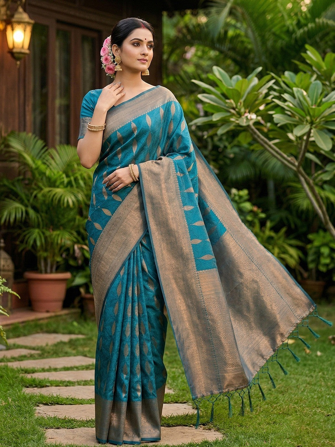 Rama Blue Silk Blend Saree with Woven Design and Zari Border - Image 1