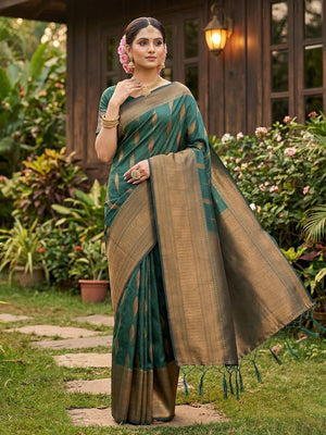 Green Silk Blend Saree with Woven Design and Border Comfortable Ethnic Wear - Image 1