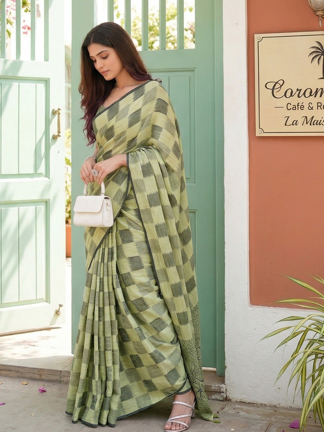 Green Linen Saree with Checks and Contrast Border Comfortable Ethnic Wear - Image 2
