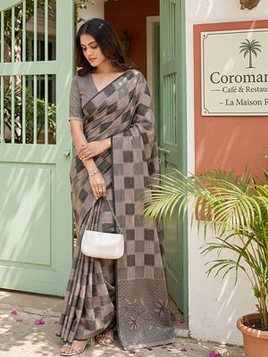 Elegant Grey Linen Saree with Checked Pattern and Floral Border - Image 2