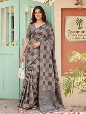 Elegant Grey Linen Saree with Checked Pattern and Floral Border - Image 1