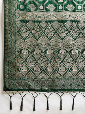 Graceful Green Floral & Elephant Motif Silk Blend Saree With Zari Weaving & Tassels Pallu - Image 2