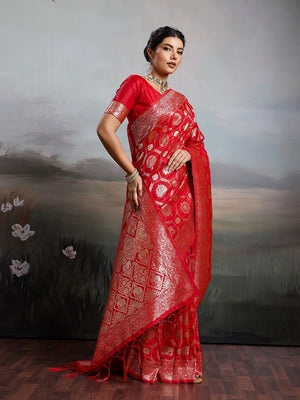 Elegant Red Silk Blend Saree with Zari Woven Elephant Motifs - Image 2