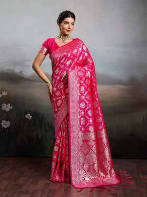 Graceful Rani Pink Floral & Elephant Motif Silk Blend Saree With Zari Weaving & Tassels Pallu - Image 1