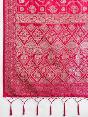Graceful Rani Pink Floral & Elephant Motif Silk Blend Saree With Zari Weaving & Tassels Pallu - Image 2