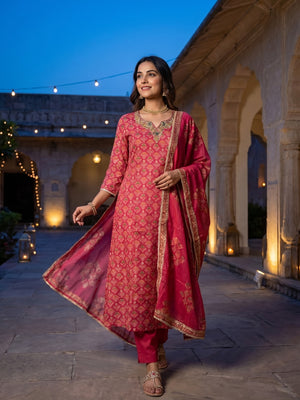 Pink Mul Chanderi Straight Suit Set with Subtle Print Classic Ethnic Look - Image 1