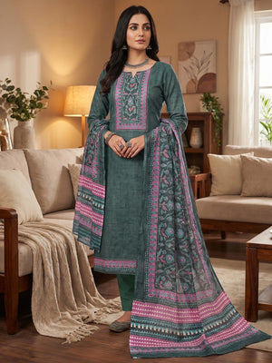 Stylish Deep Teal Green Floral Digital Printed Linen Cotton Dress Material With Khatli & Beads Work - Image 1