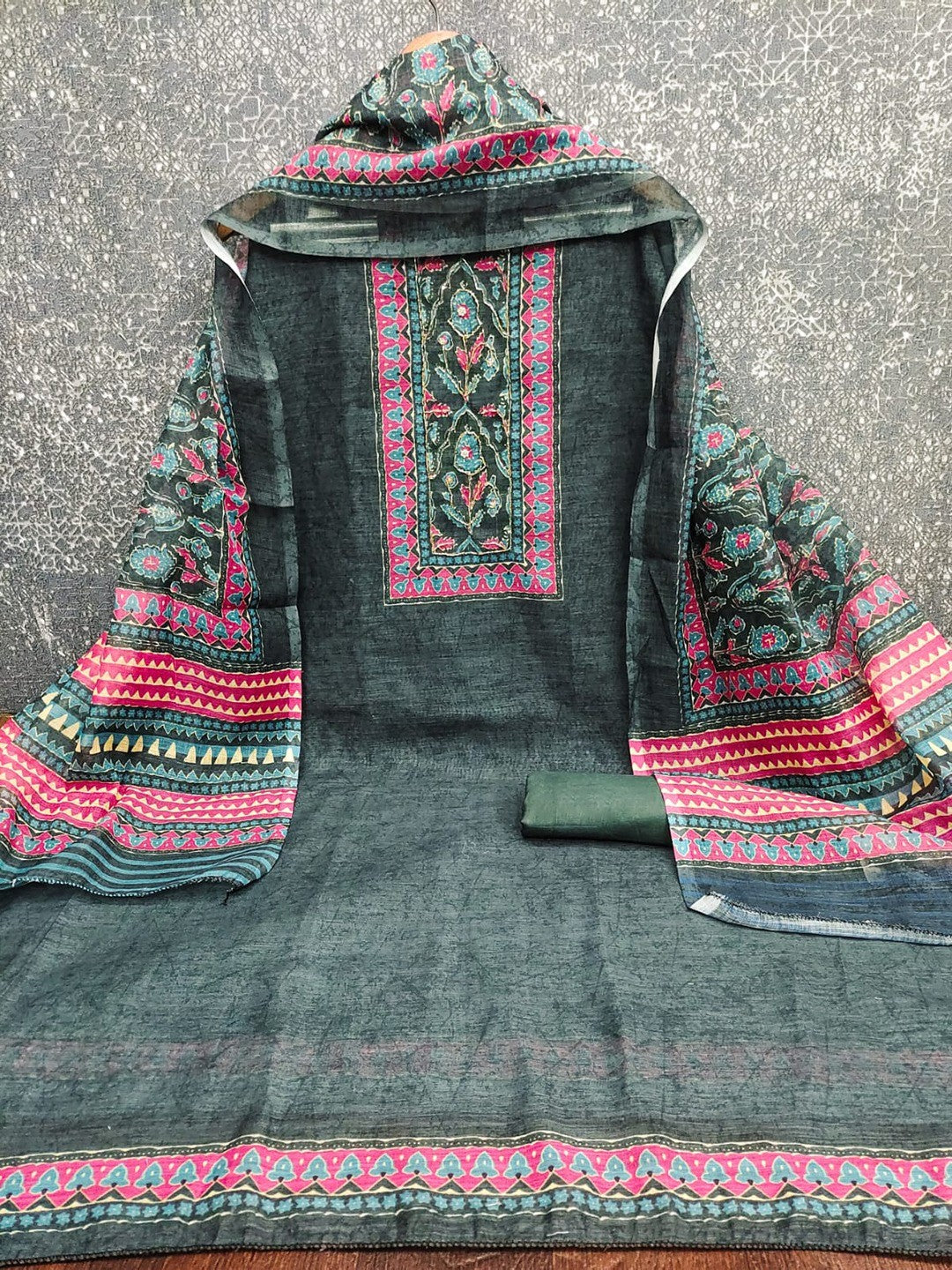 Stylish Deep Teal Green Floral Digital Printed Linen Cotton Dress Material With Khatli & Beads Work - Image 3