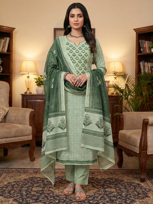 Premium Sage Green Floral Digital Print Linen Cotton Dress Material With Mirror Embroidery Work - Image 1