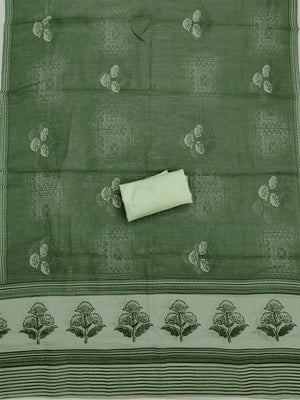Premium Sage Green Floral Digital Print Linen Cotton Dress Material With Mirror Embroidery Work - Image 2