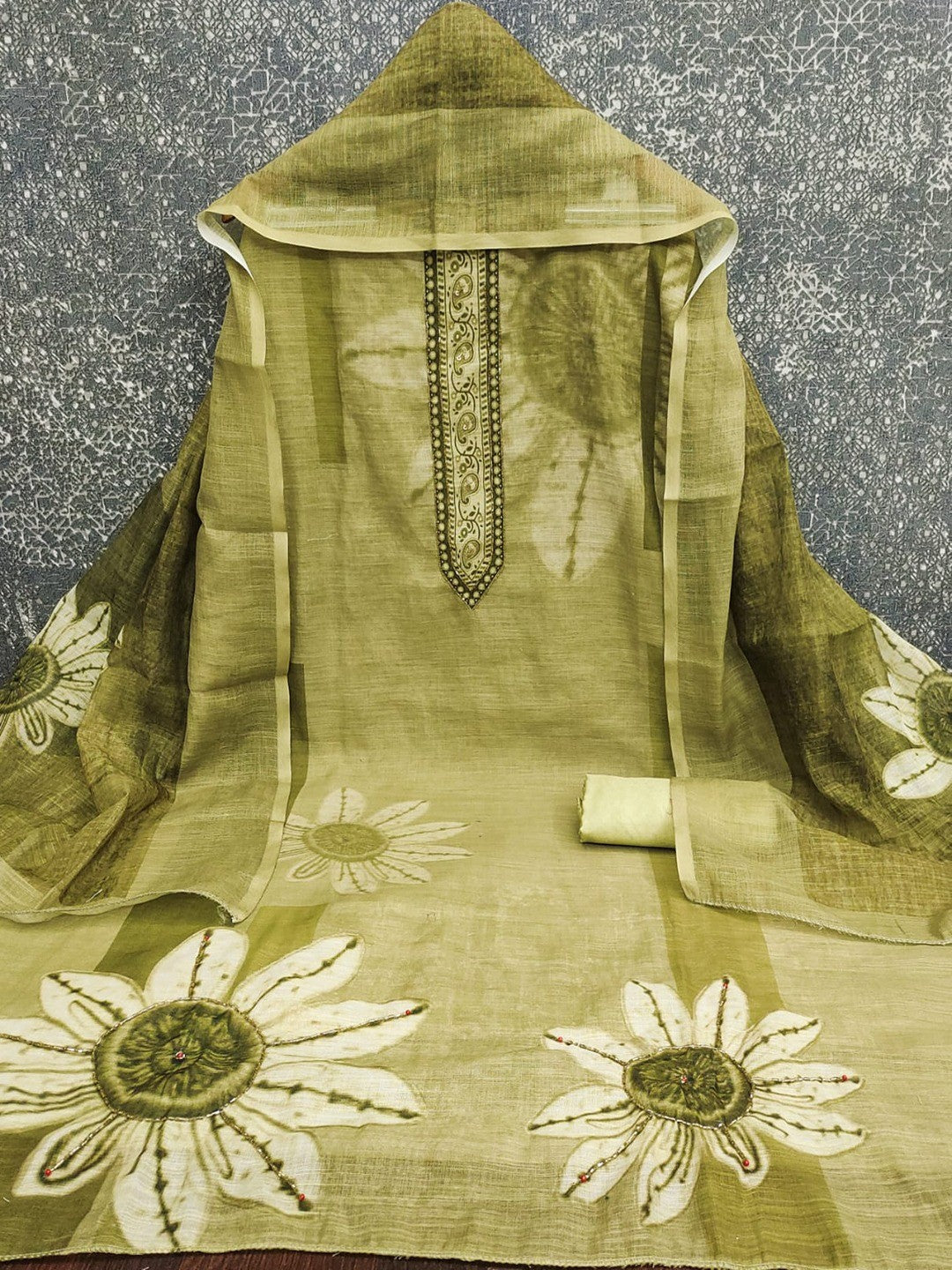 Graceful Olive Green Floral Digital Printed Linen Cotton Dress Material With Khatli & Beads Work - Image 5