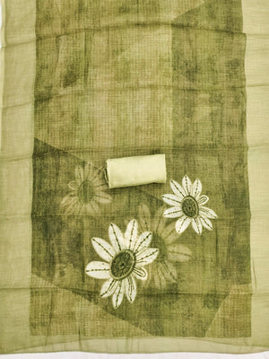 Graceful Olive Green Floral Digital Printed Linen Cotton Dress Material With Khatli & Beads Work - Image 2