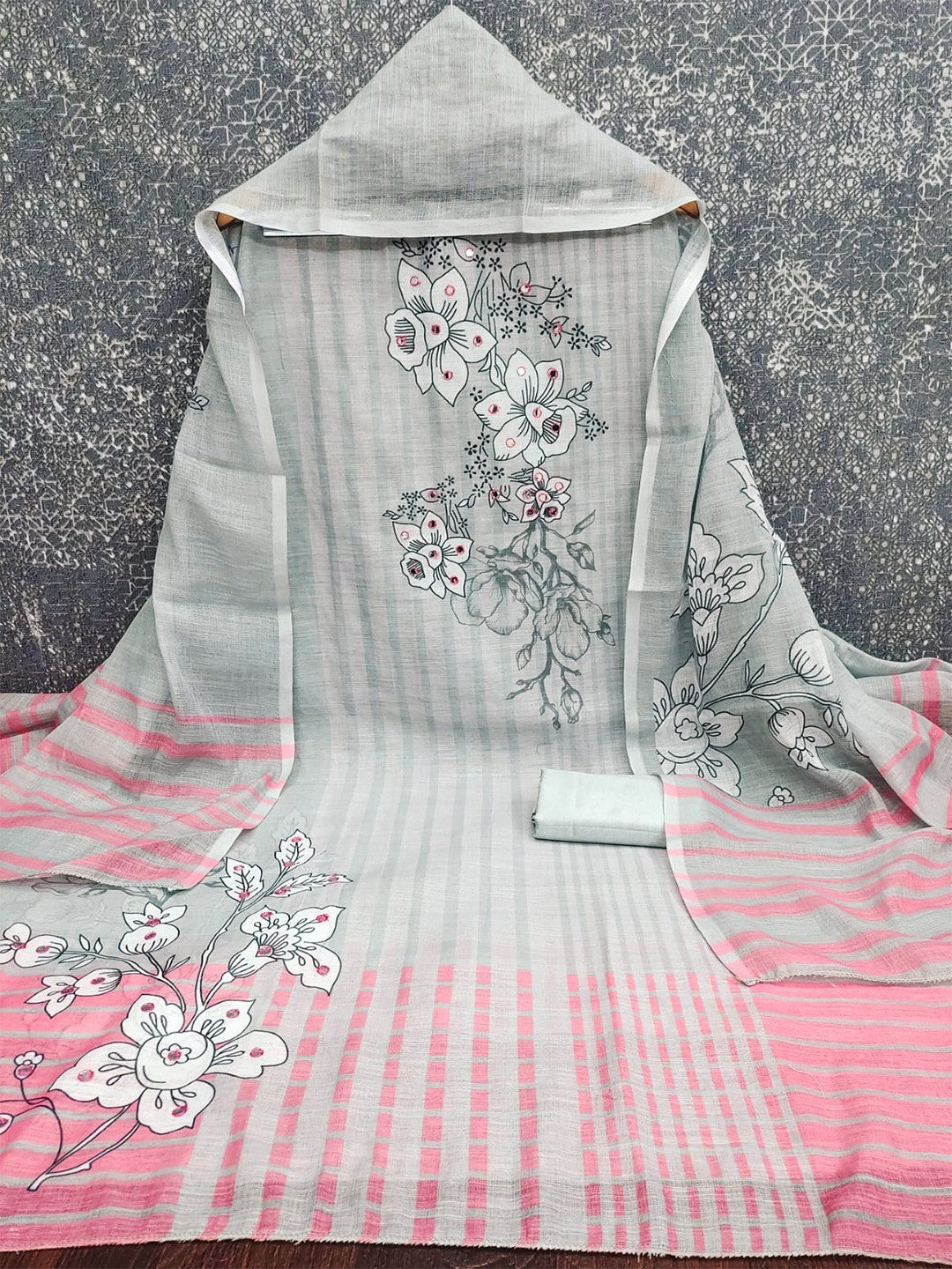 Graceful Grey Floral Digital Printed Linen Cotton Dress Material With Khatli & Mirror Work - Image 3