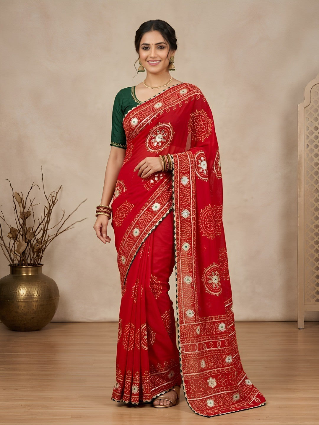 Red Vichitra Silk Saree with Bandhani Design and Gota Work Traditional Look - Image 3