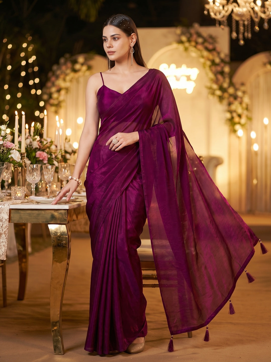 Elegant Magenta Solid Silk Blend Saree Crafted for Glamorous Party Wear - Image 1