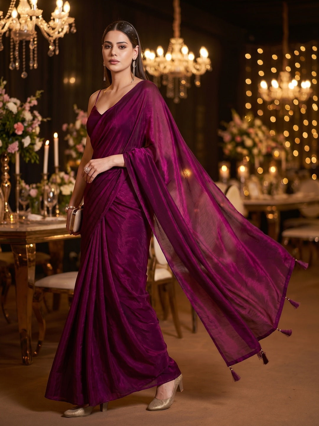 Elegant Magenta Solid Silk Blend Saree Crafted for Glamorous Party Wear - Image 3