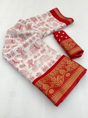 White Dola Silk Saree with Red Border Lightweight Festive Outfit - Image 2