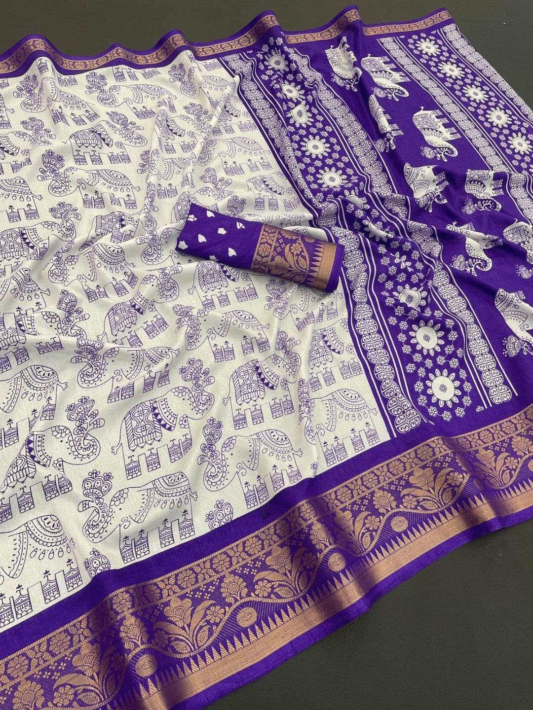 White Dola Silk Saree with Purple Border Lightweight Festive Outfit - Image 2
