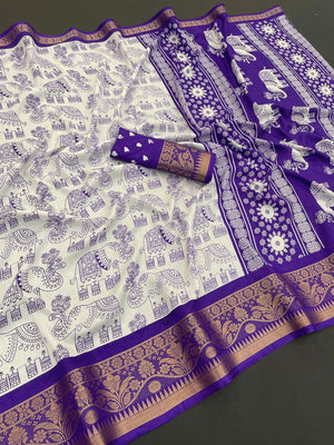 White Dola Silk Saree with Purple Border Lightweight Festive Outfit - Image 2