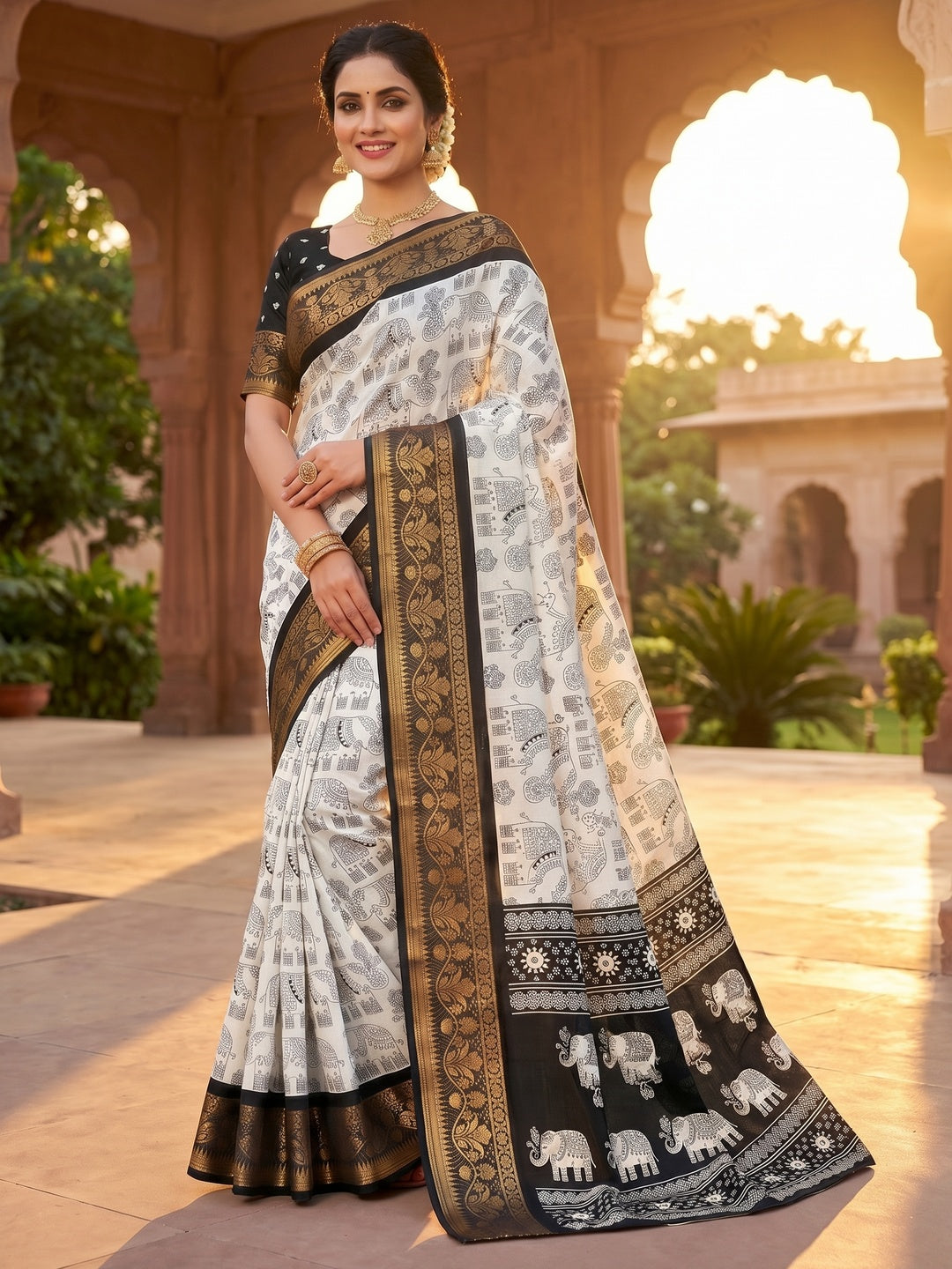 White Dola Silk Saree with Black Border Lightweight Festive Outfit - Image 1