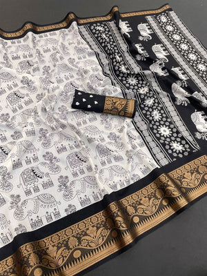 White Dola Silk Saree with Black Border Lightweight Festive Outfit - Image 2