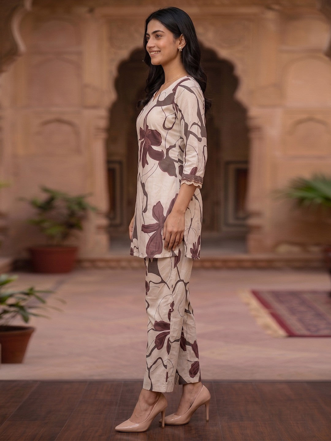 Beige and Purple Floral Printed Pure Cotton Top Bottom Set Elegant Look - Image 2