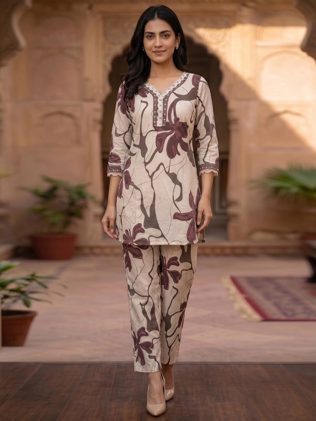 Beige and Purple Floral Printed Pure Cotton Top Bottom Set Elegant Look - Image 1