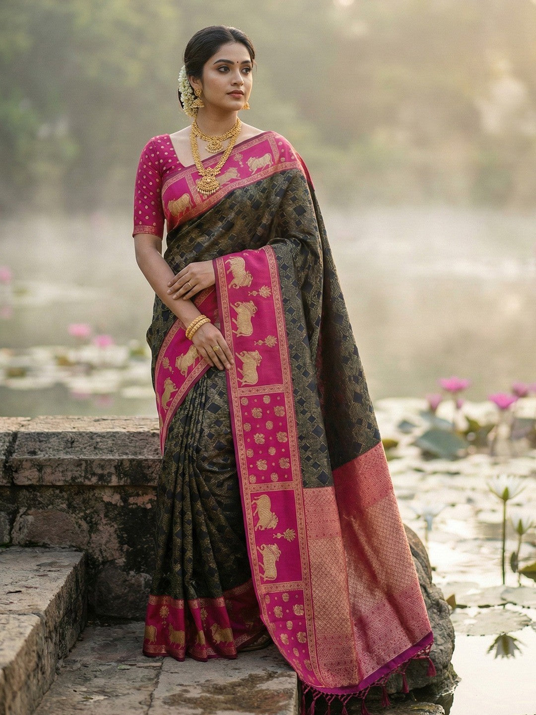 Classic Black Zari Woven Kanjivaram Silk Saree With Detailed Animal Motif Border & Tassel Pallu - Image 1
