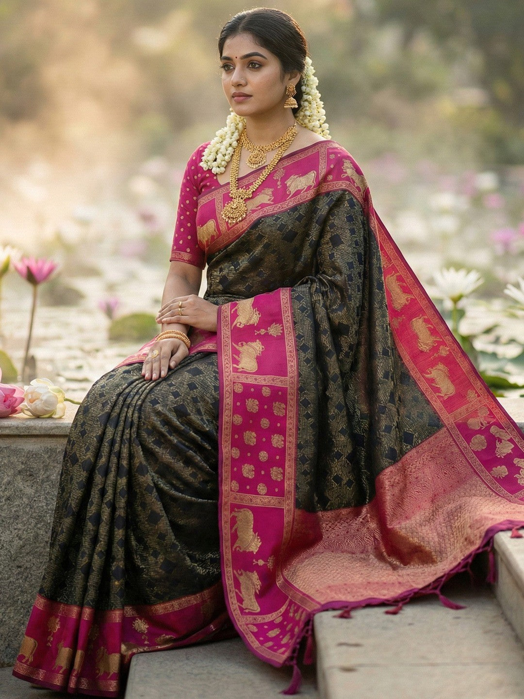 Classic Black Zari Woven Kanjivaram Silk Saree With Detailed Animal Motif Border & Tassel Pallu - Image 3