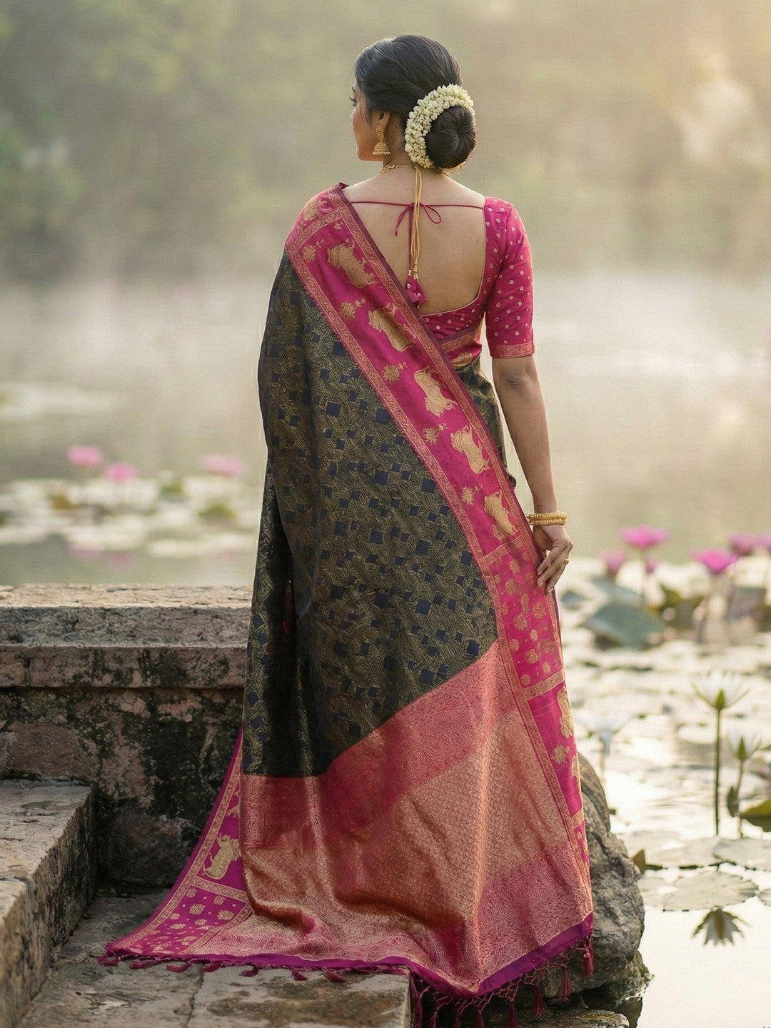 Classic Black Zari Woven Kanjivaram Silk Saree With Detailed Animal Motif Border & Tassel Pallu - Image 2