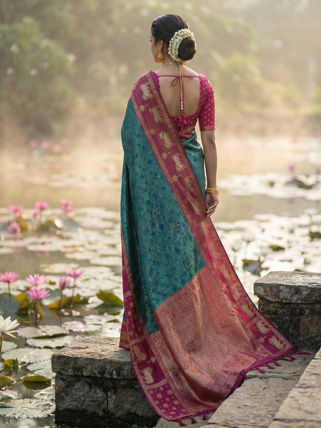 Teal Kanjivaram Silk Saree with Elephant Motif Border - Image 2