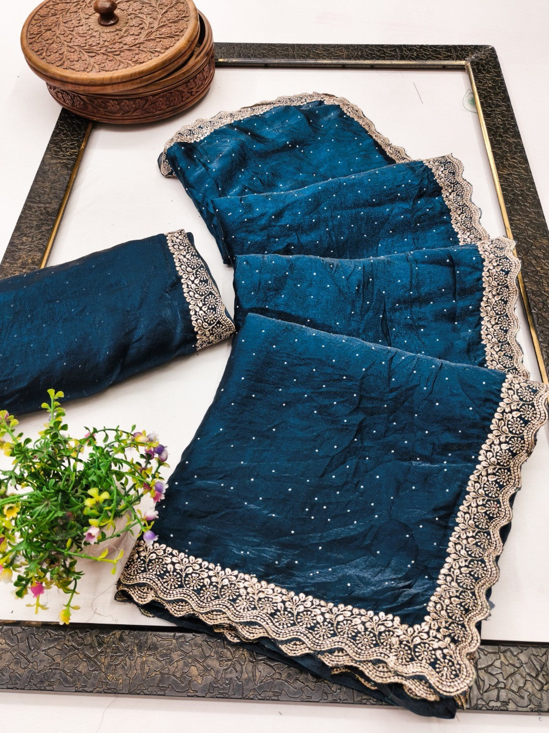 Elegant Morpich Blue Organza Satin Silk Saree With Swarovski Work & Floral Embroidered Border - Image 3