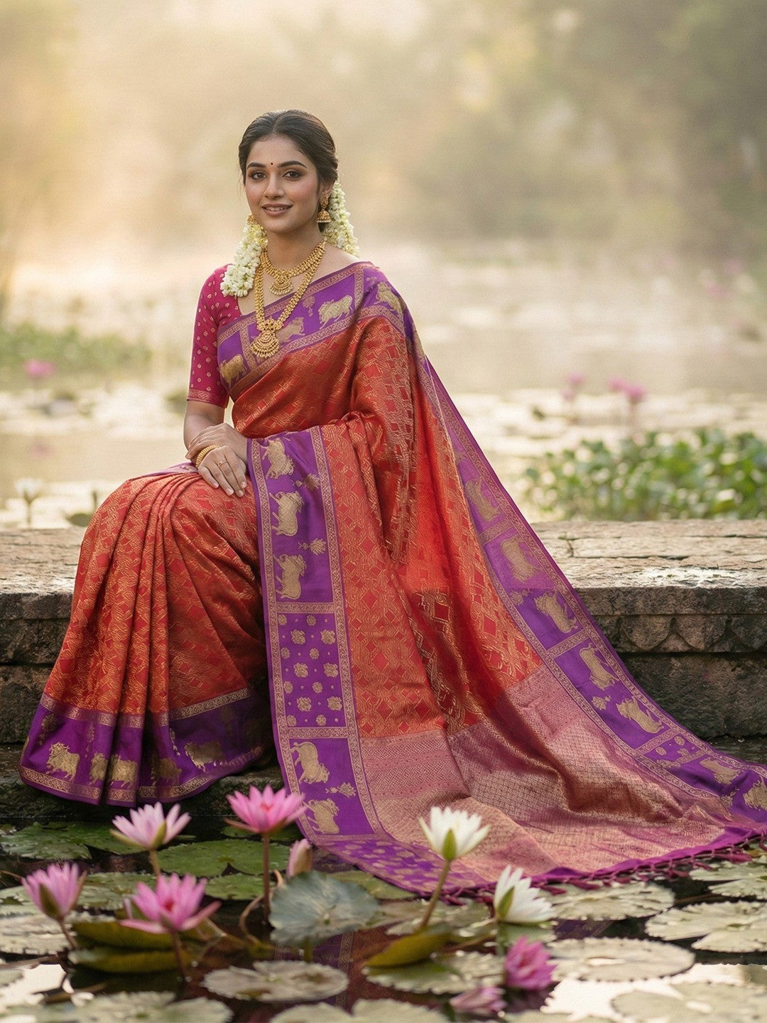 Classic Red Zari Woven Kanjivaram Silk Saree With Detailed Animal Motif Border & Tassel Pallu - Image 4