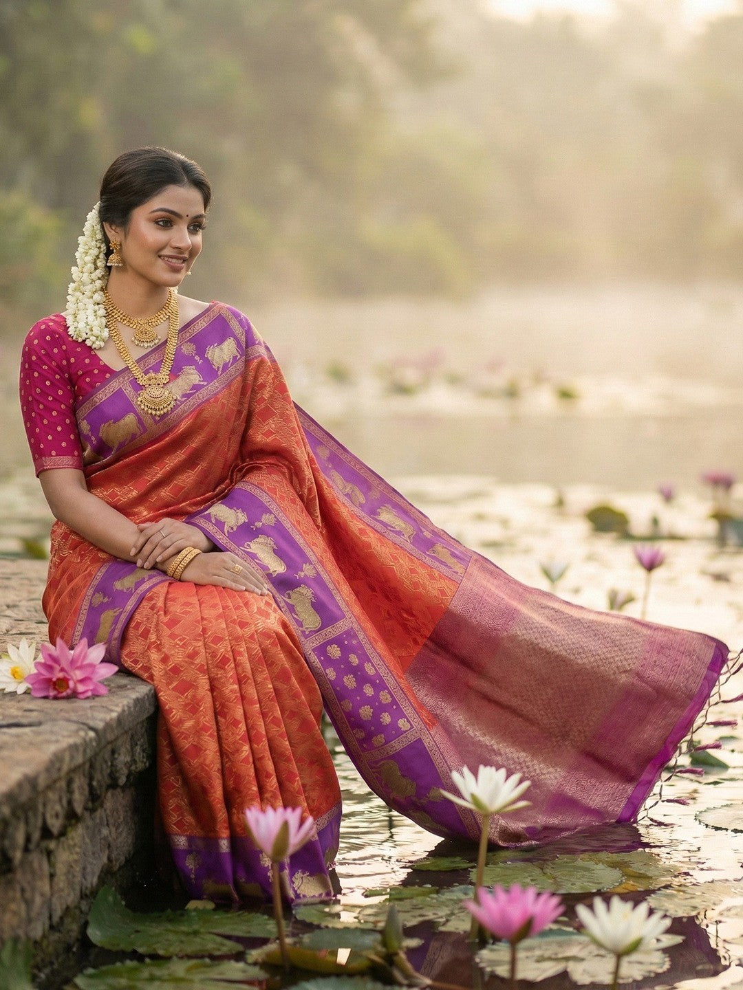 Classic Red Zari Woven Kanjivaram Silk Saree With Detailed Animal Motif Border & Tassel Pallu - Image 3
