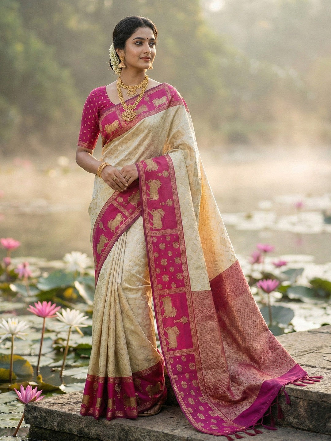 Classic Cream Zari Woven Kanjivaram Silk Saree With Detailed Animal Motif Border & Tassel Pallu - Image 1