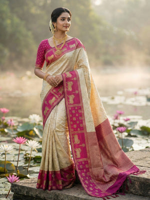 Classic Cream Zari Woven Kanjivaram Silk Saree With Detailed Animal Motif Border & Tassel Pallu - Image 1