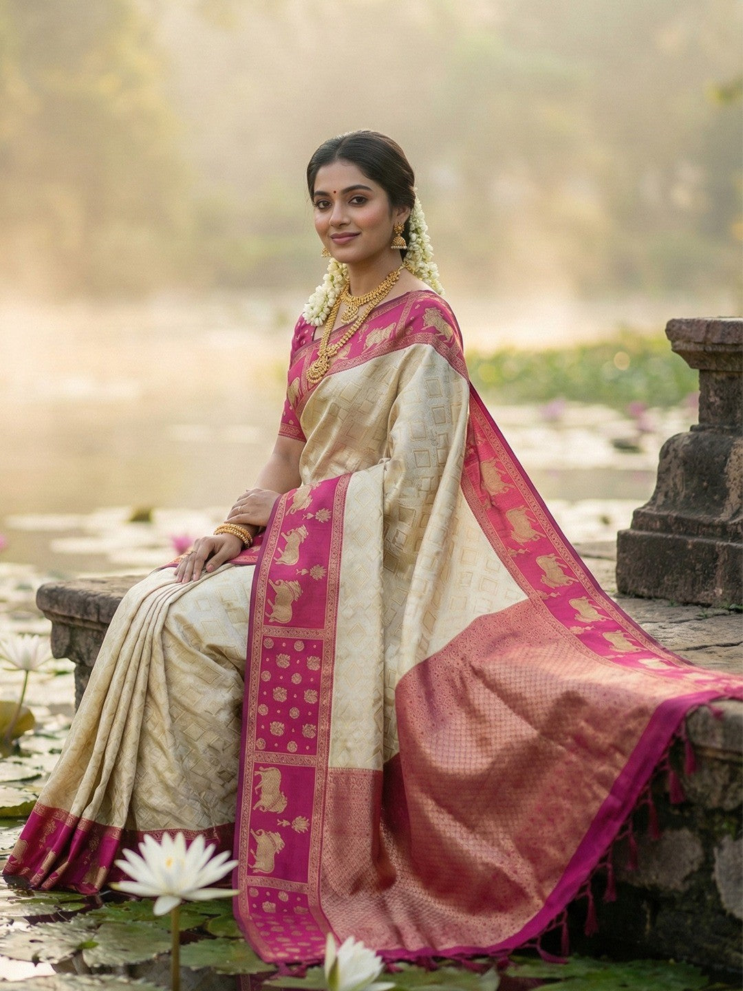 Classic Cream Zari Woven Kanjivaram Silk Saree With Detailed Animal Motif Border & Tassel Pallu - Image 3