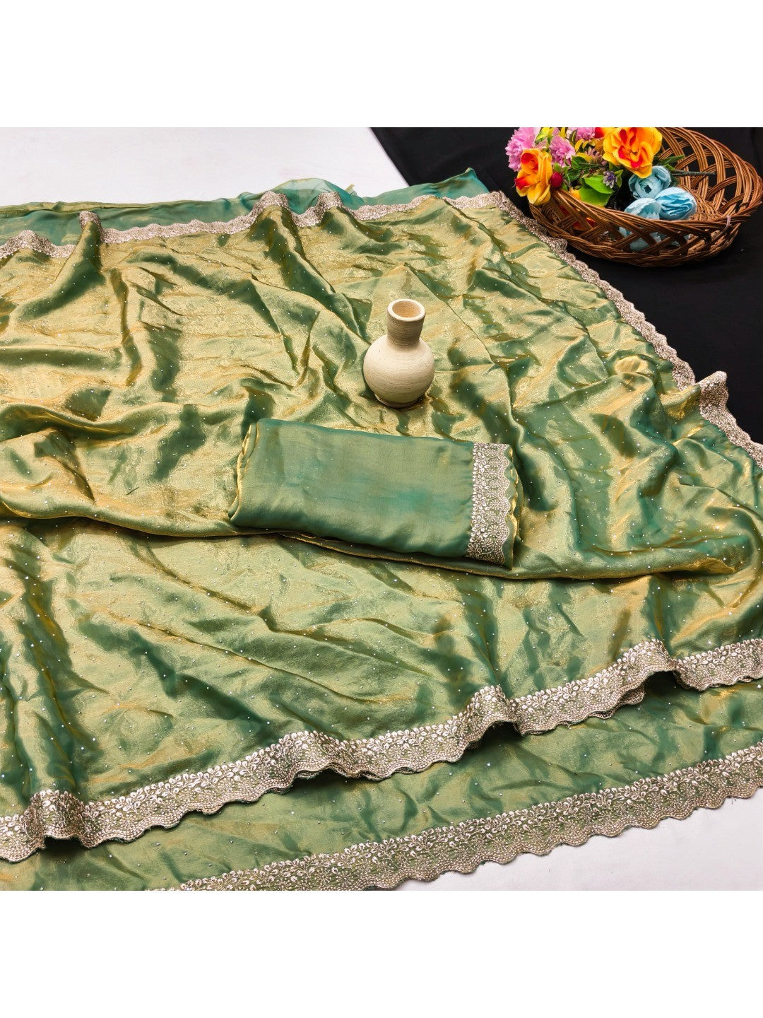 Elegant Green Organza Satin Silk Saree With Swarovski Work & Floral Embroidered Border - Image 2
