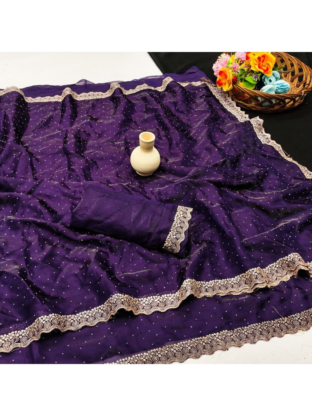 Elegant Purple Organza Satin Silk Saree With Swarovski  Work & Floral Embroidered Border - Image 3
